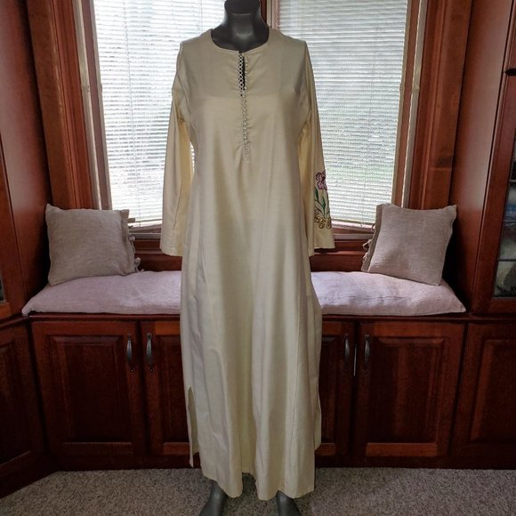 Boho VTG Metallic Embroidered Slub Silk Kaftan Maxi Dress Beige Gold Multi Sz S - Picture 5 of 9